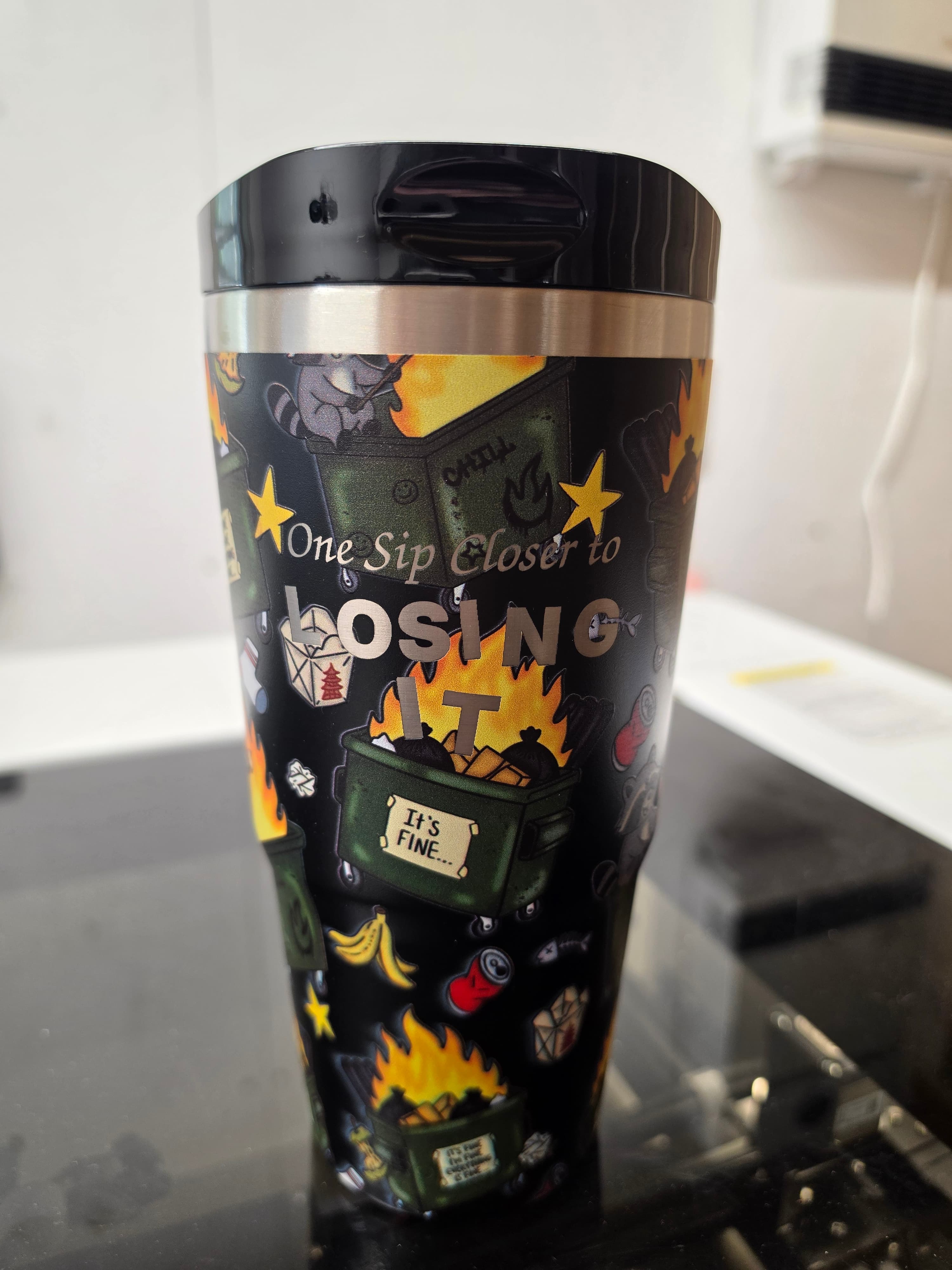 Custom engraved dumpster fire frostbuddy